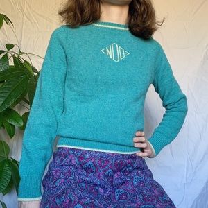 Vtg Wool Blend Sweater Women monogram preppy teal fitted banded pastel academia